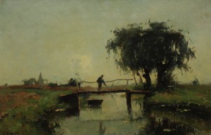 Aris Knikker: Landschap met visser op een brug