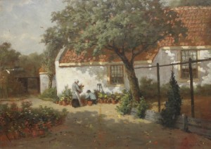 Jan van Dam: Dorpshuis met bloempotten 