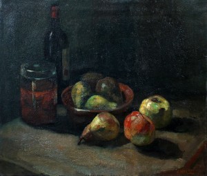  Cor Noltee; Stilleven met flessen en fruit